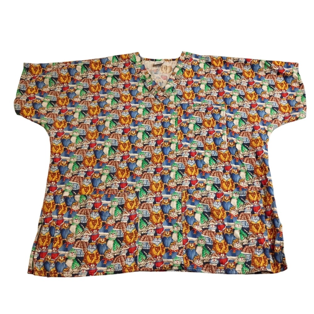 S.C.R.U.B.S. Scrub Top Womens XL Multicolor Christmas Holiday Festive Cat Print